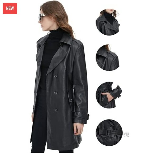 Waterproof PU Faux Leather Blazer Jacket, Double-Breasted Button Front - Picture 7 of 7